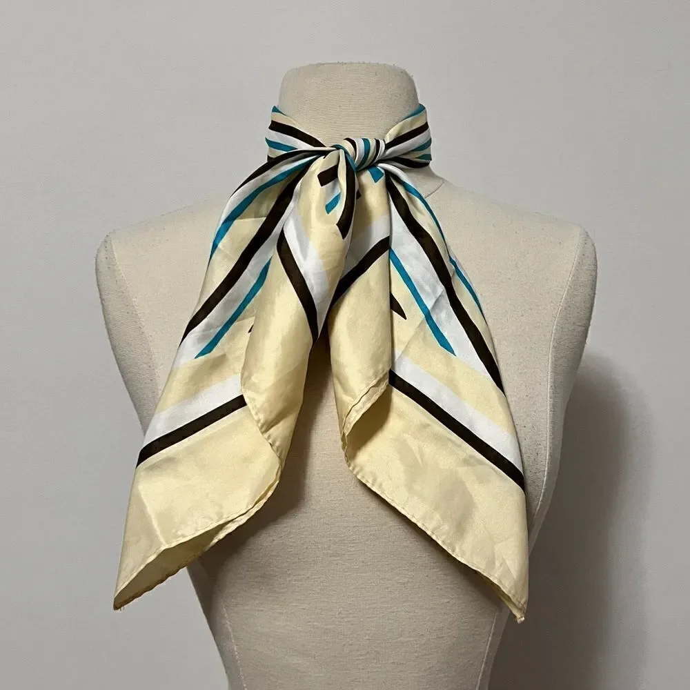 Mod Vintage 1960s Neutrals and Aqua Striped Scarf